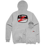 Gray heather pullover hoodie with Z-MAN logo graphic on back and small chest mark