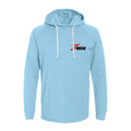 Light blue pullover hoodie with hood and drawstrings, chest logo