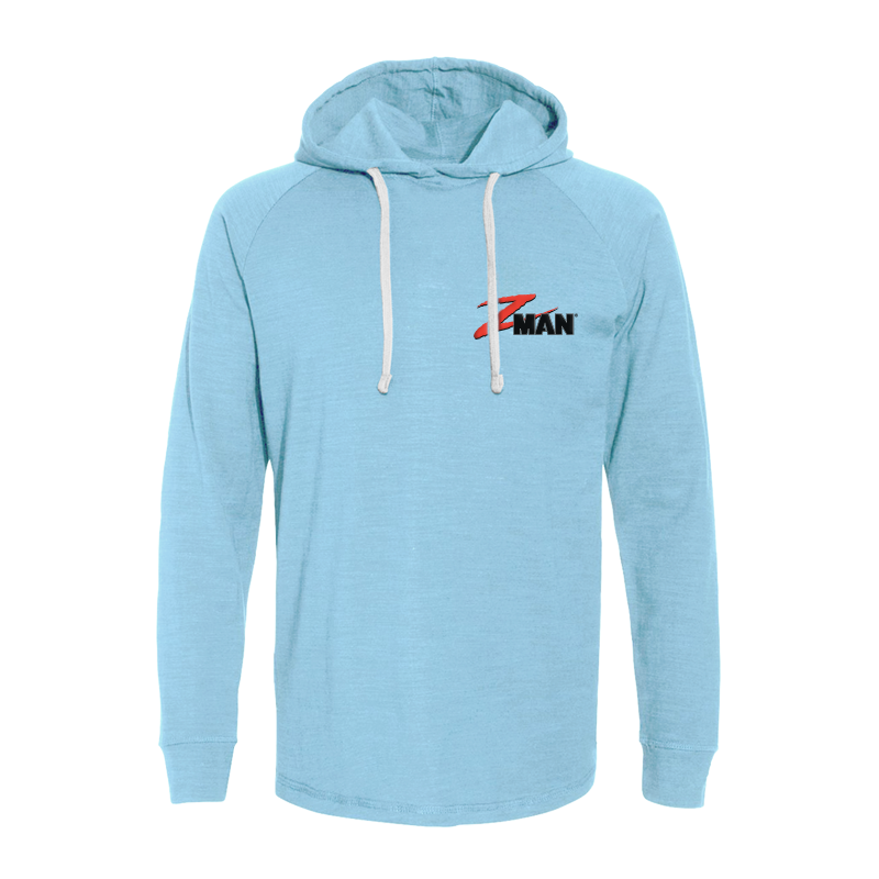 Light blue pullover hoodie with hood and drawstrings, chest logo