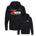 Dark camo pullover hoodie with front graphic logo and hood drawstrings