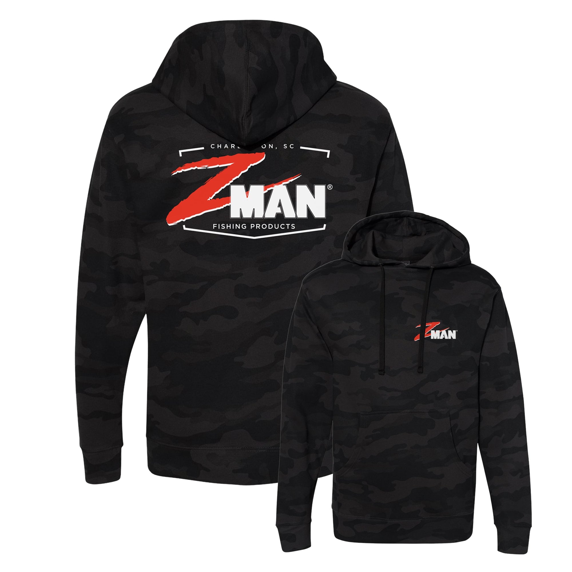 Dark camo pullover hoodie with front graphic logo and hood drawstrings