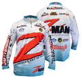 Long-sleeve racing jersey, white and blue with red graphic print and crew collar