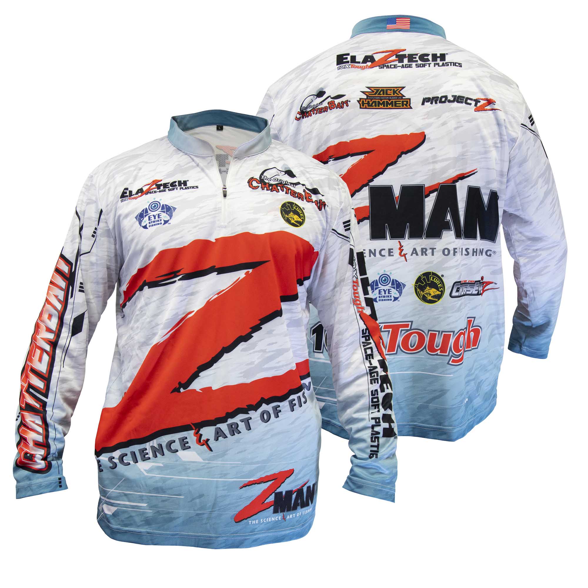 Long-sleeve racing jersey, white and blue with red graphic print and crew collar