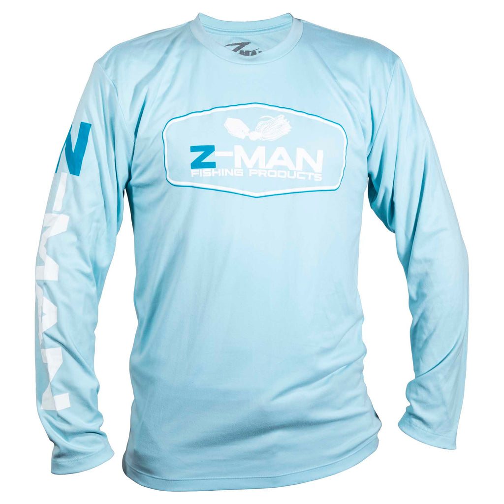 Light blue long-sleeve tech shirt with Z-MAN chest logo and white side stripes