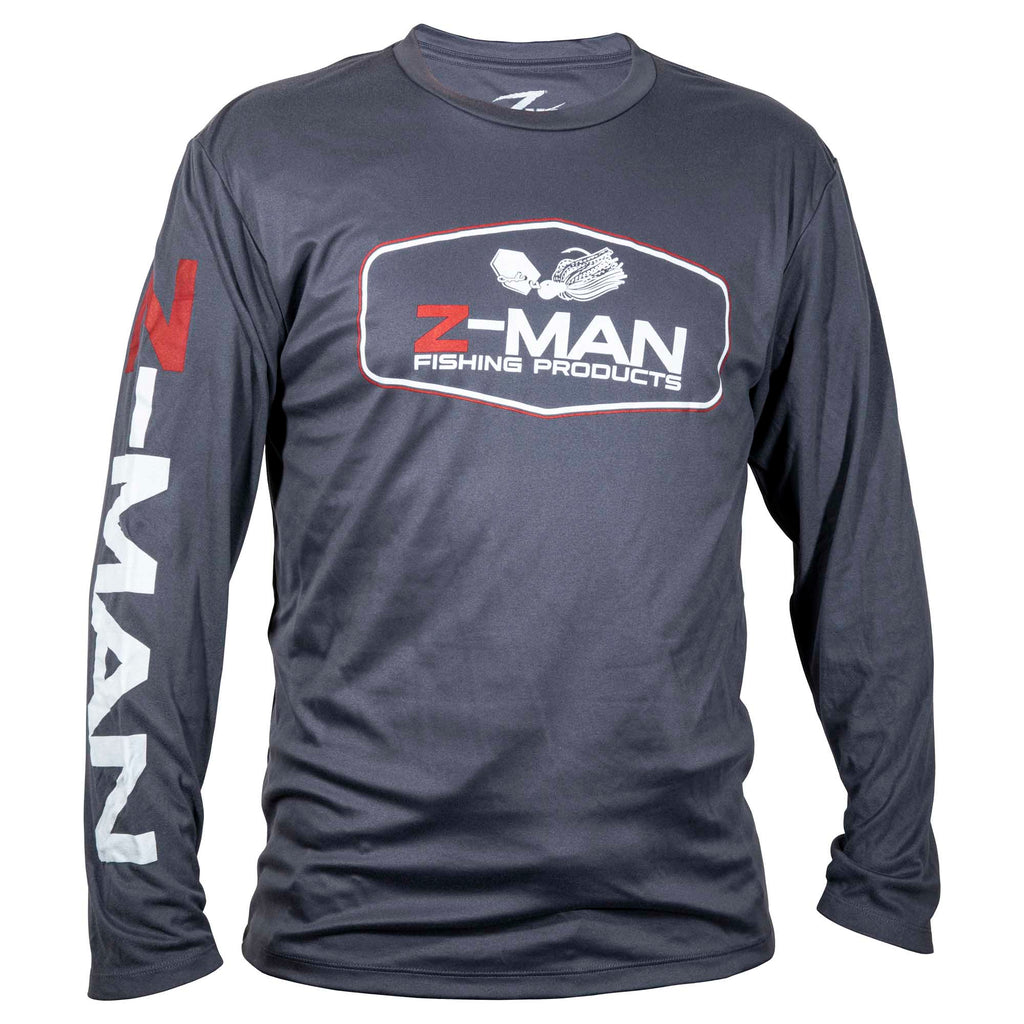 Charcoal long-sleeve tech shirt with Z-MAN Fishing Products chest graphic and red logo