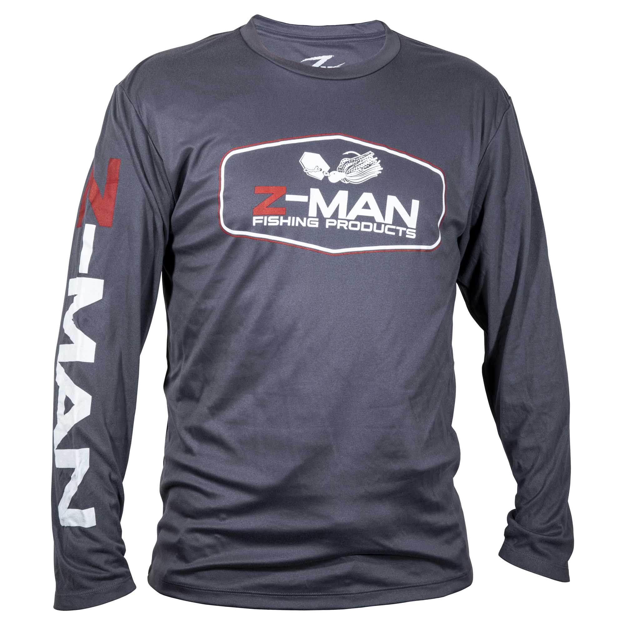 Charcoal long-sleeve tech shirt with Z-MAN Fishing Products chest graphic and red logo