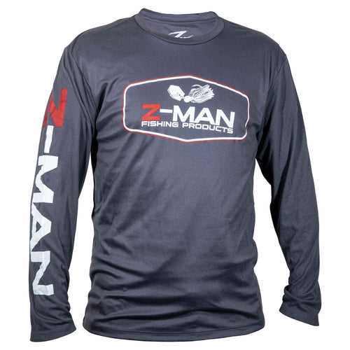 Charcoal long-sleeve tech shirt with Z-MAN Fishing Products chest graphic and red logo