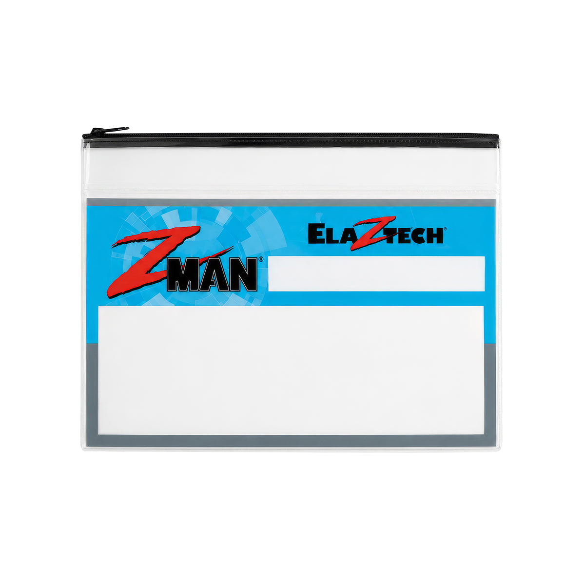 Blue zip pouch with black top zipper and white label panel front