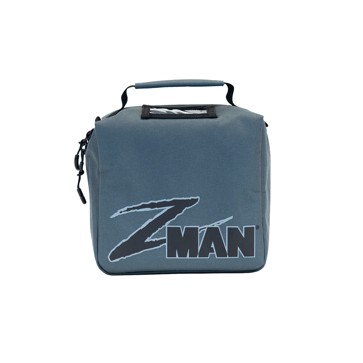 Dark slate blue soft cooler bag with top handle and front logo