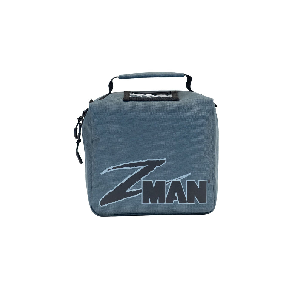 Dark slate blue soft cooler bag with top handle and side zippers, front logo