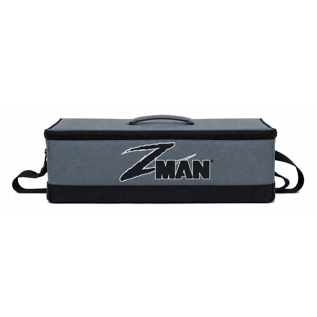 Gray rectangular bag with top handle, side straps, and ZMAN logo print