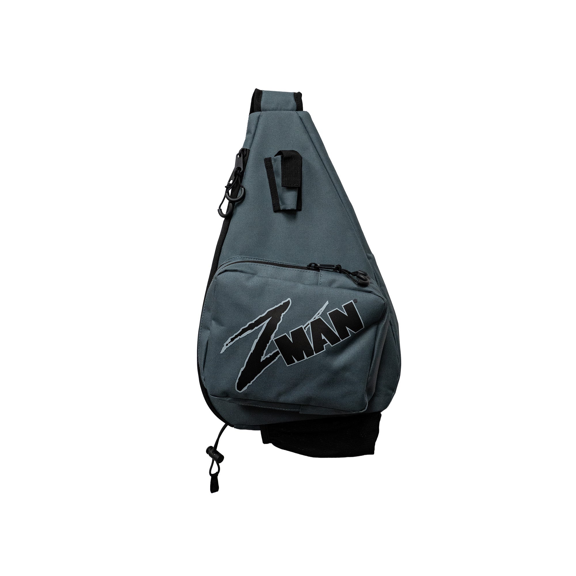 Dark gray sling bag with front zipper pocket, logo graphic, and adjustable shoulder strap