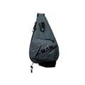 Dark gray sling pack with front logo patch, side zipper, top handle loop, and strap