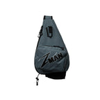 Dark gray sling pack with front logo patch, side zipper, top handle loop, and strap