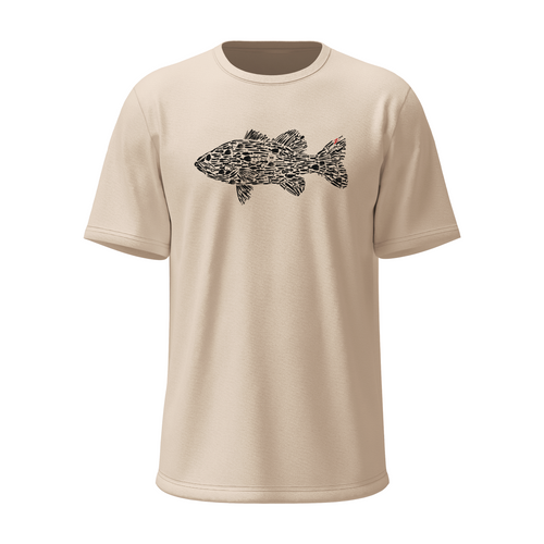 Beige crewneck short-sleeve T-shirt with black fish graphic on chest