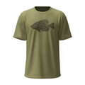 Olive green T-shirt with crappie fish graphic on front