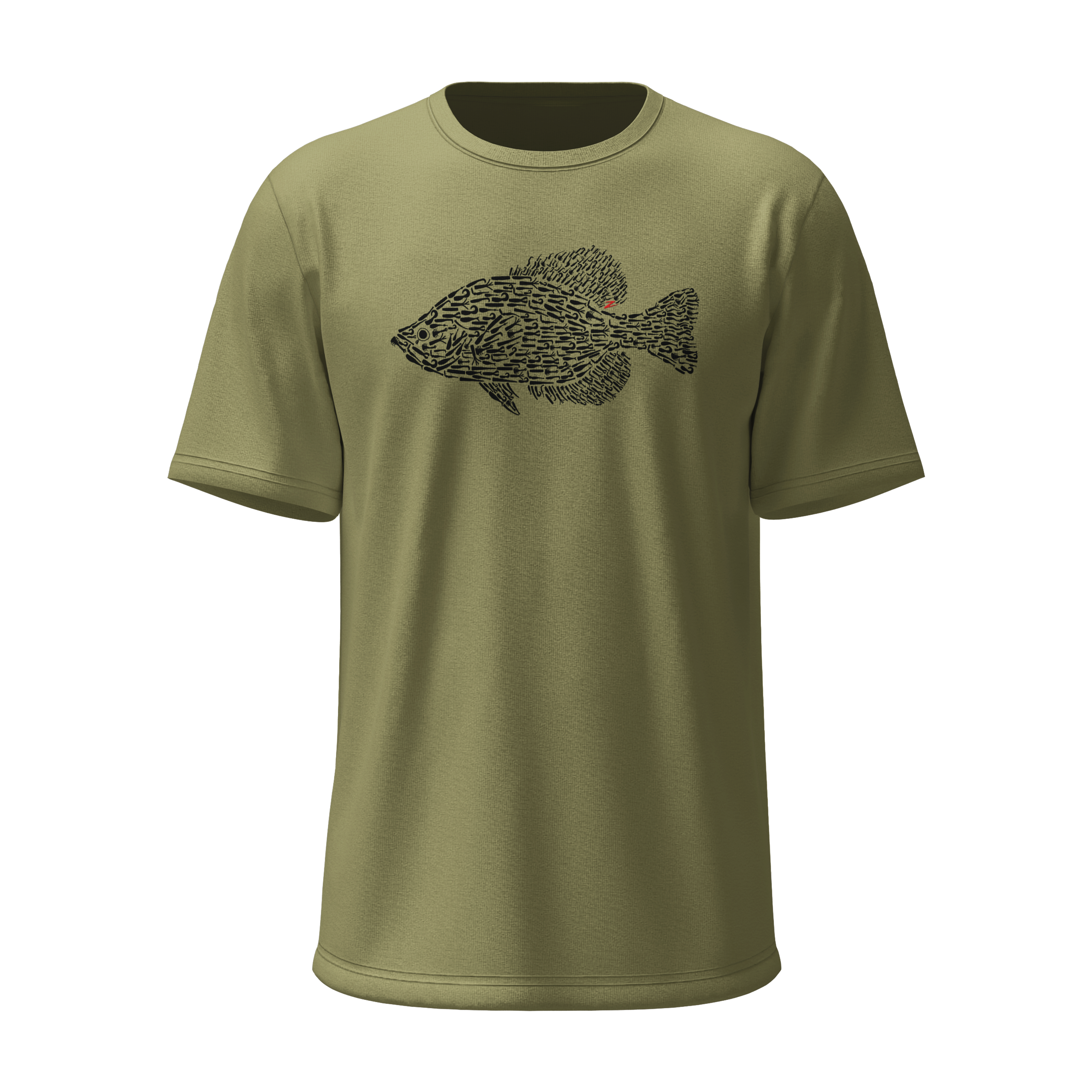 Olive green T-shirt with crappie fish graphic on front
