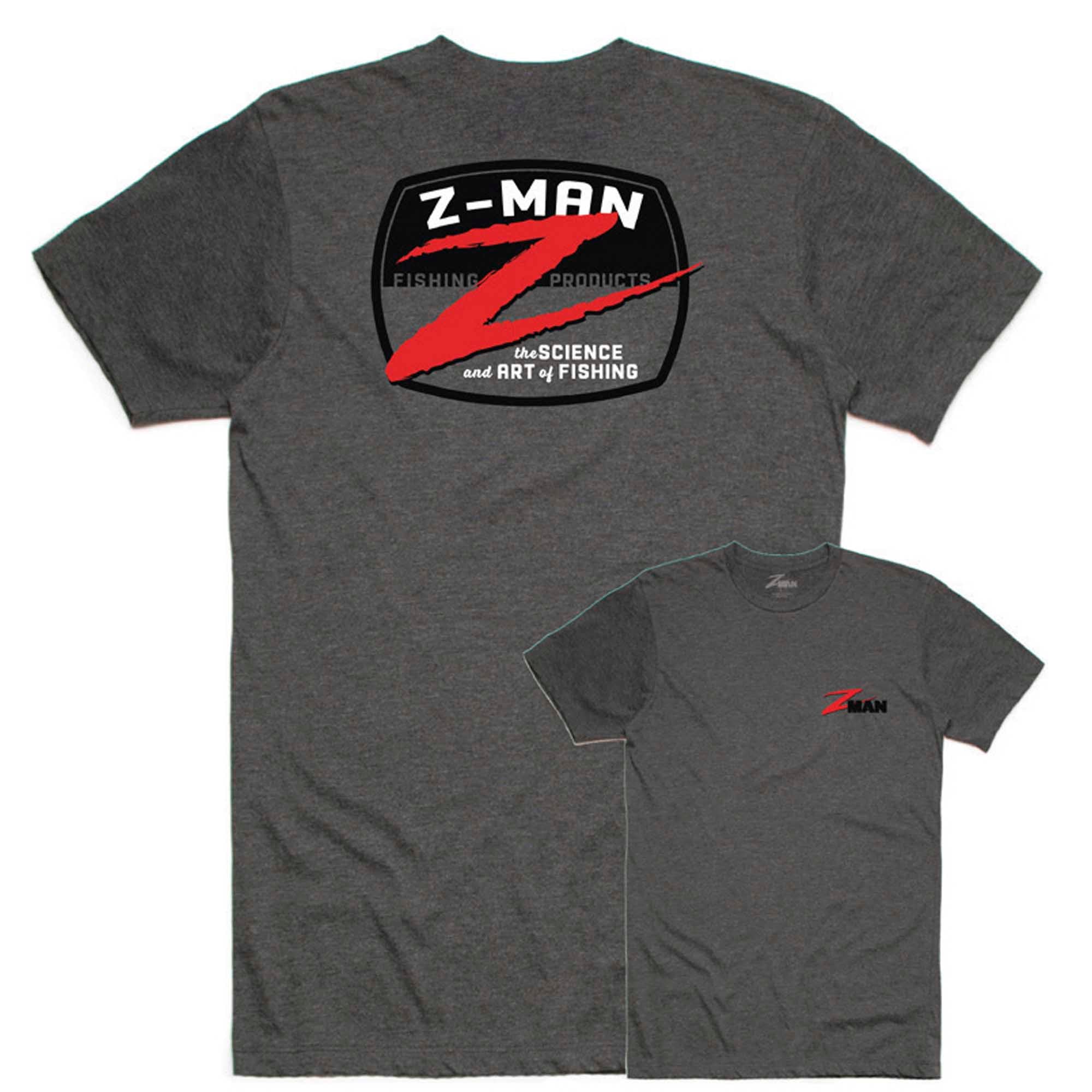 Charcoal heather logo T-shirt with Z-MAN Fishing Products graphic on chest