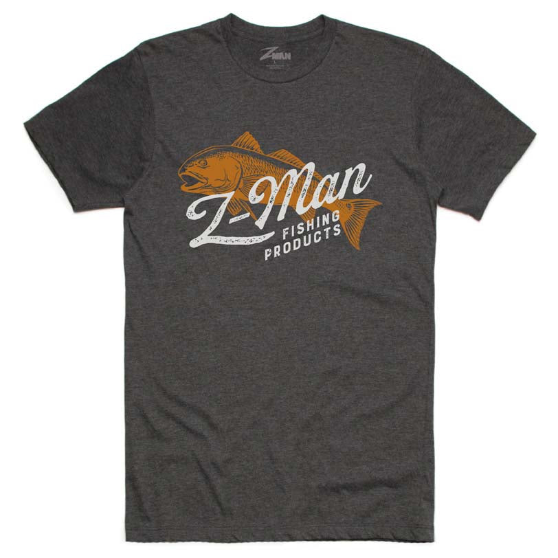 Charcoal heather crewneck fishing T-shirt with orange fish logo graphic