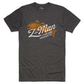 Charcoal heather crewneck fishing T-shirt with orange fish logo graphic