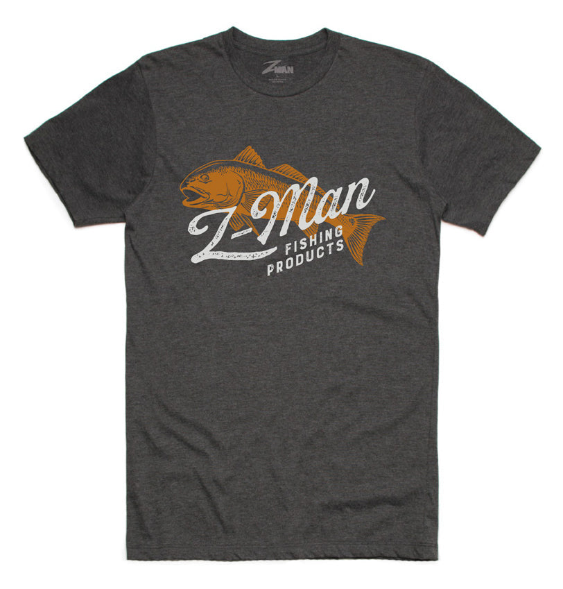 Charcoal heather crewneck T-shirt with orange fish and Man Fishing Products print