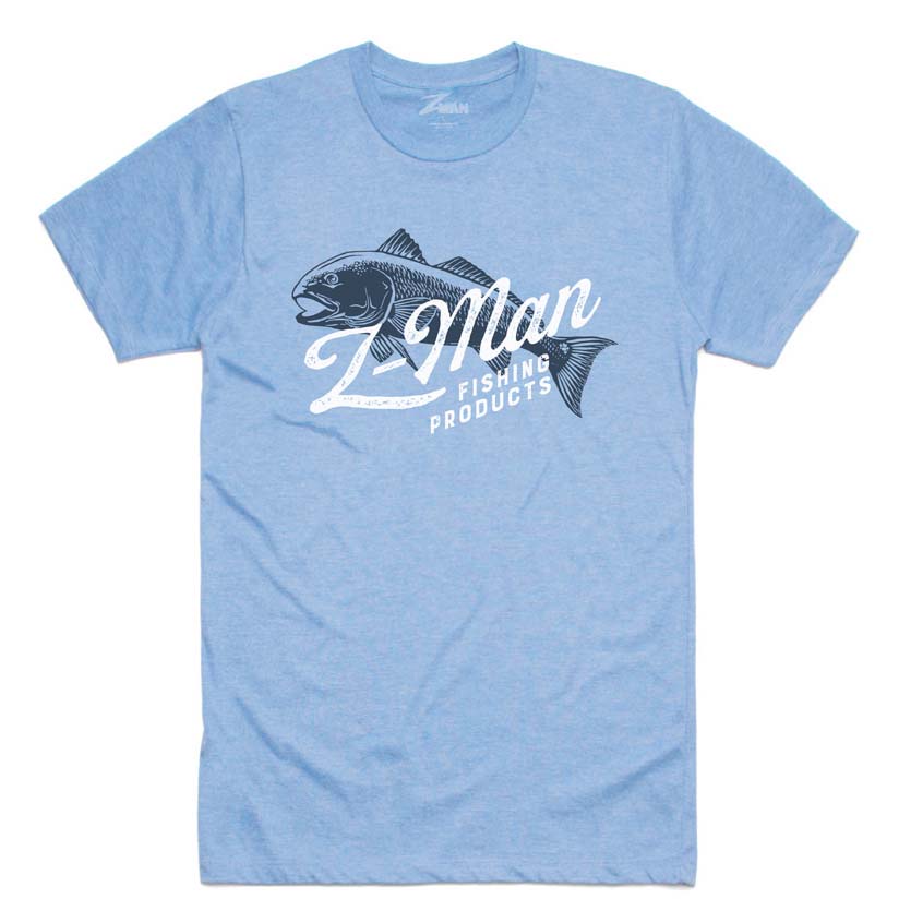 Light blue front graphic crew-neck T-shirt with fish logo illustration