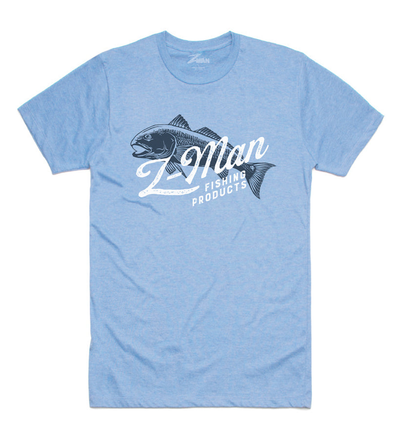 Light blue crewneck graphic fishing T-shirt with fish logo front print