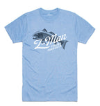 Light blue crewneck graphic fishing T-shirt with fish logo front print