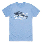 Light blue crew-neck T-shirt with centered fish-and-text graphic on the front