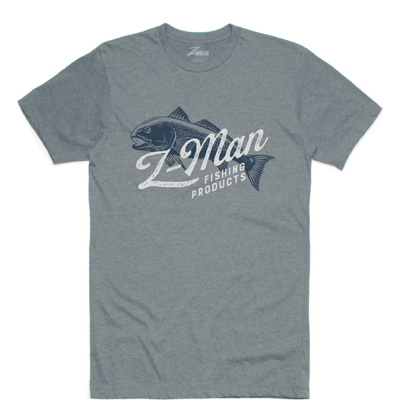 Light blue heather crewneck T-shirt with blue fish and Man Fishing Products print