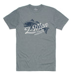 Light blue heather crewneck tee with blue fish Man Fishing Products logo on front