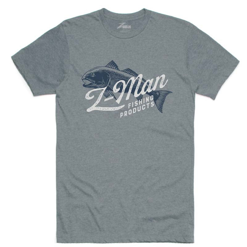 Light blue heather crew neck T-shirt with front fishing graphic logo print