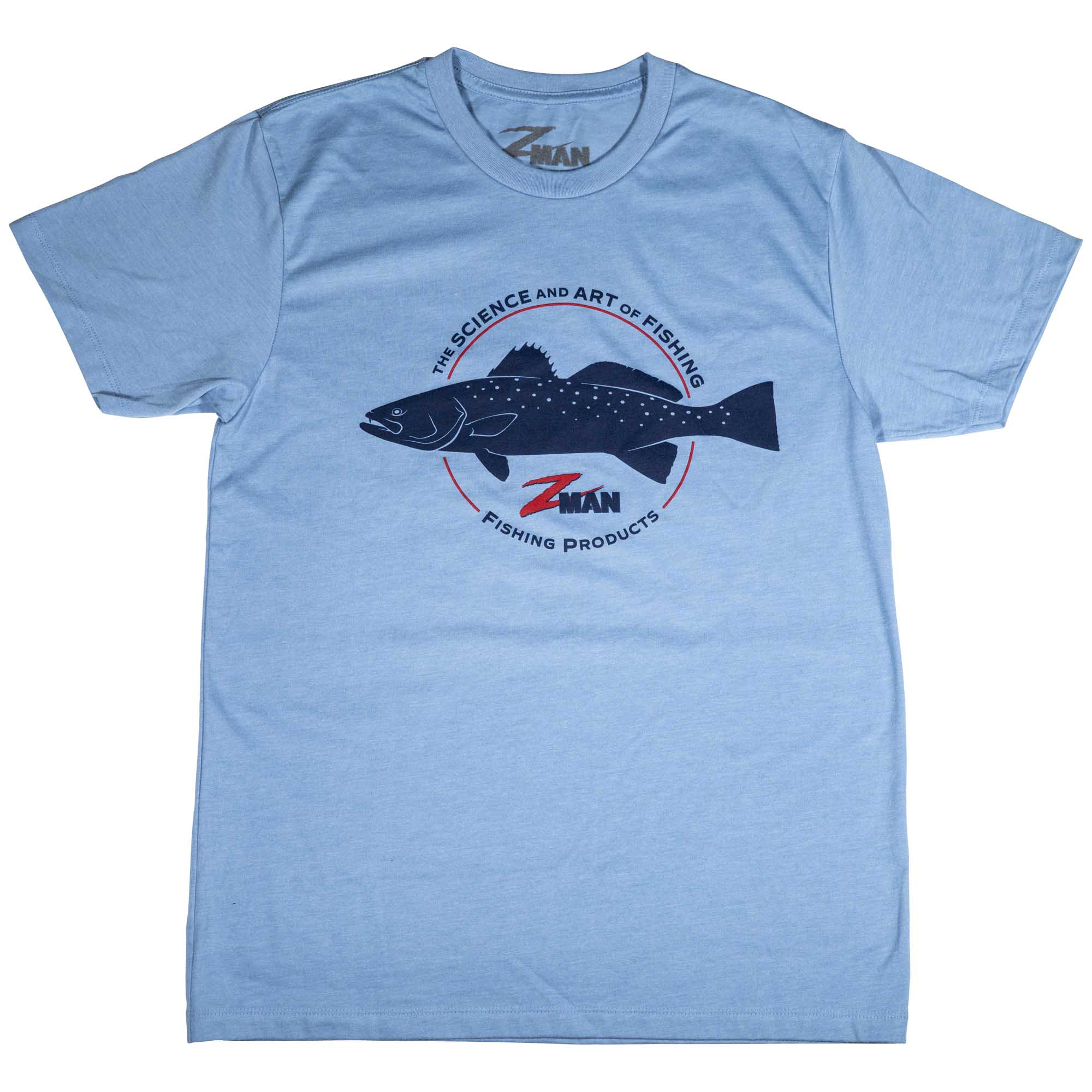 Light blue heather graphic logo T-shirt with fish emblem on chest