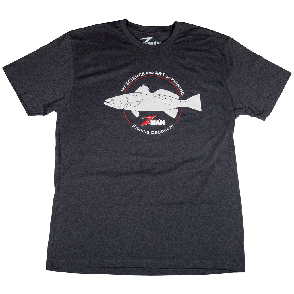 Charcoal heather graphic logo T-shirt with fish emblem on chest