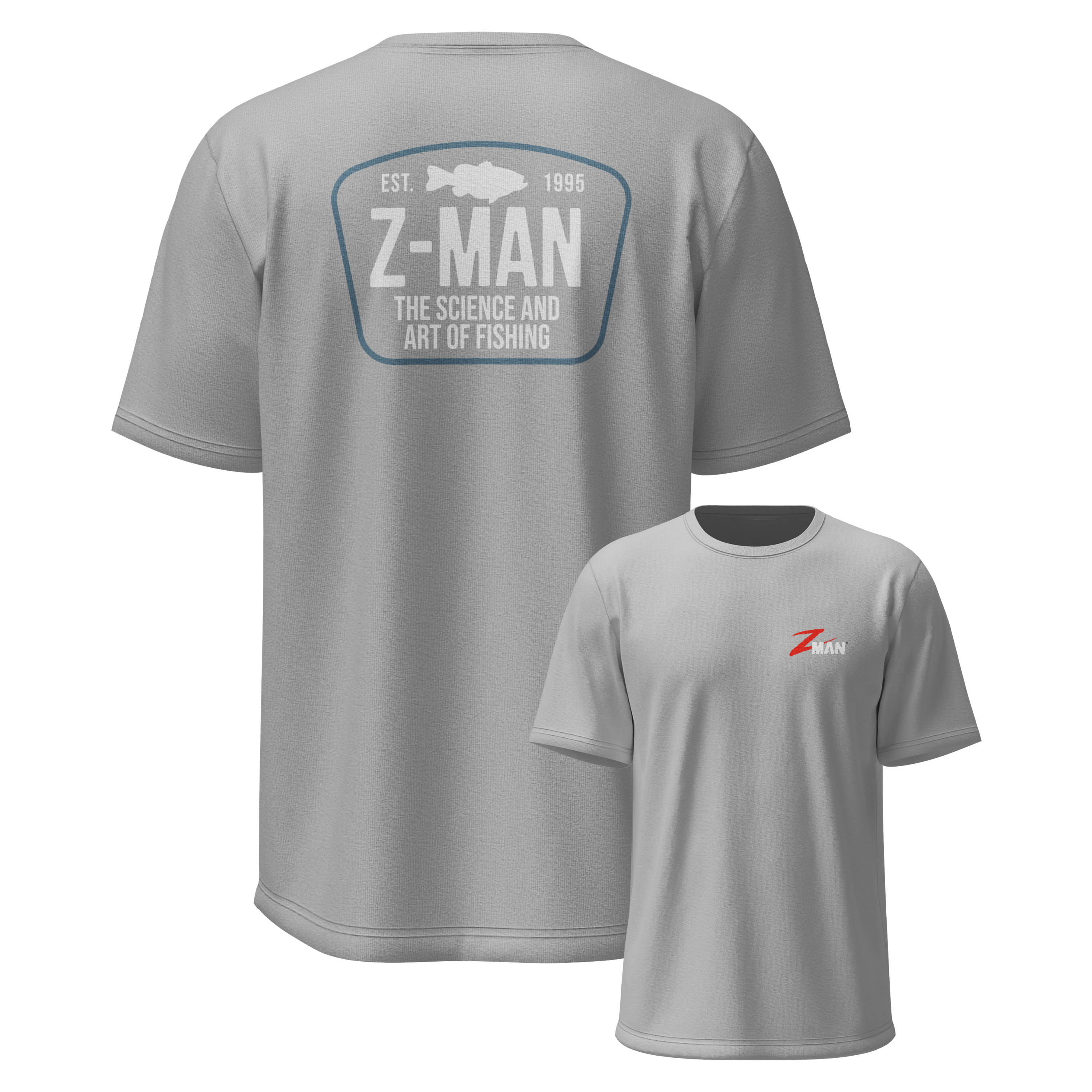 Gray T-shirt with Z-MAN badge graphic on back and small chest logo on front