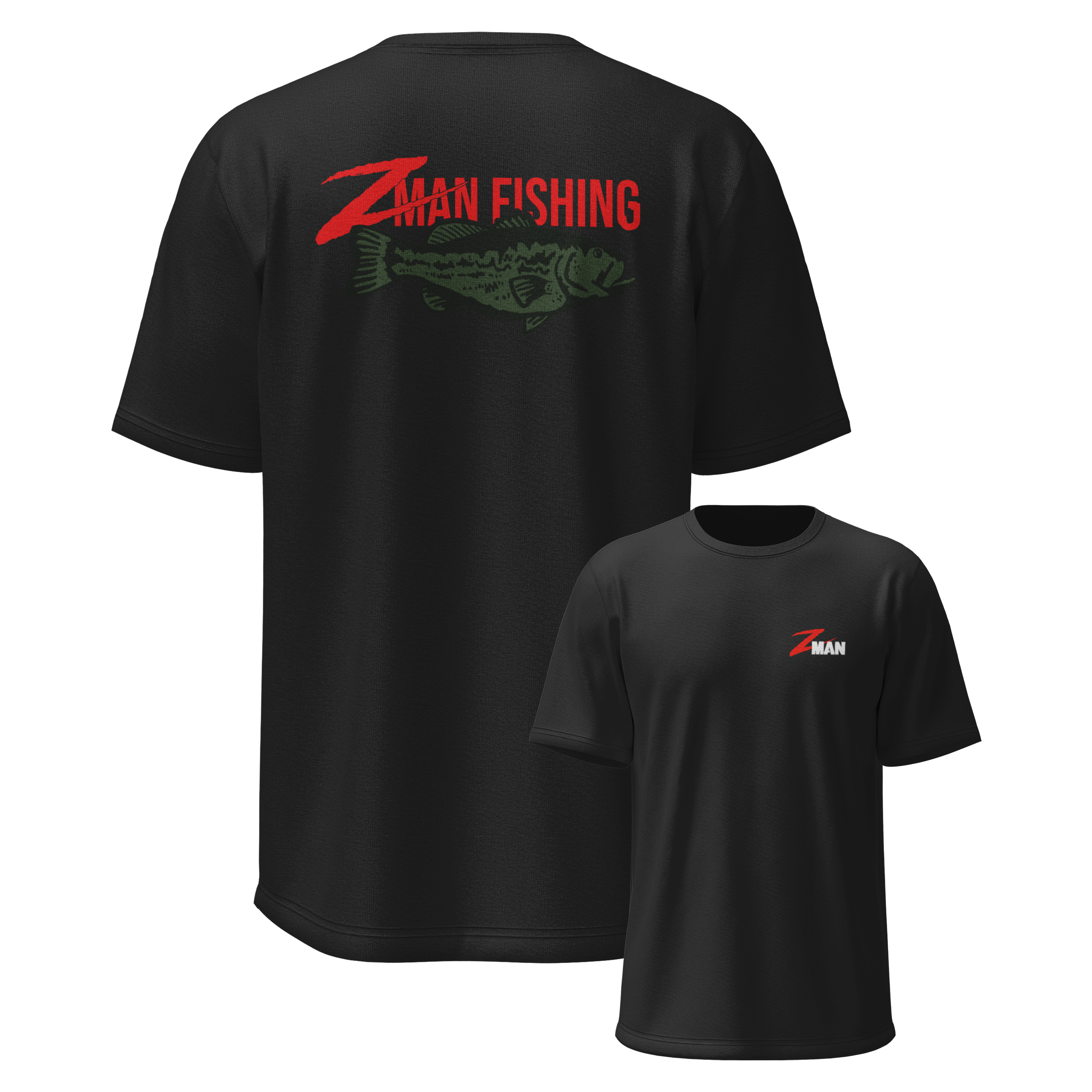 Black fishing T-shirt duo with Z-Man Fishing logo graphic on back and front