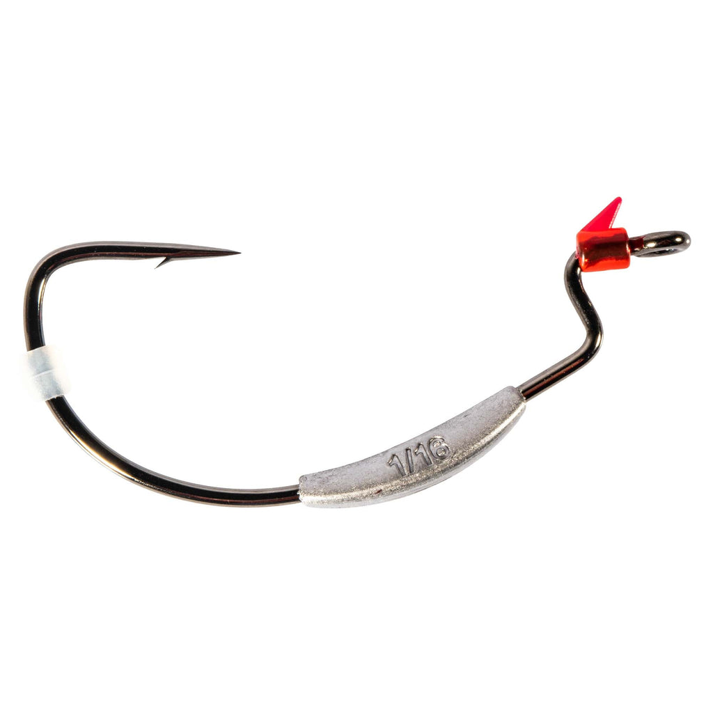 Weighted swimbait hook with black hook, silver weight insert, red attachment clip
