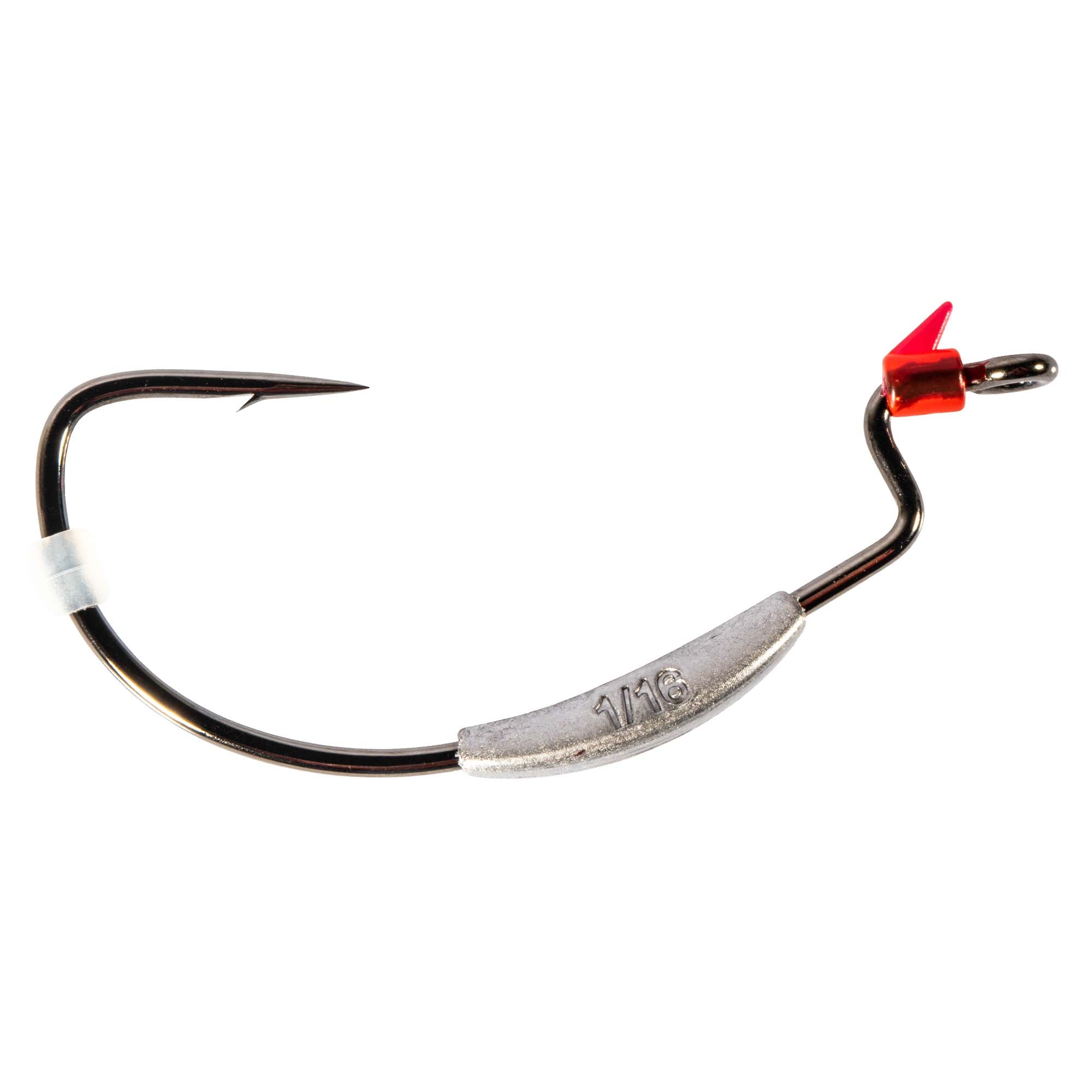 Weighted swimbait hook with black hook, silver weight insert, red attachment clip