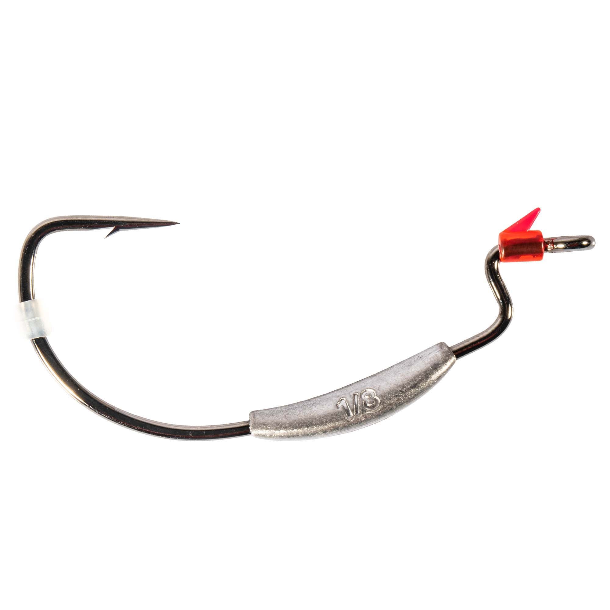 Weighted swimbait hook with curved black hook, silver weight bar, red clip