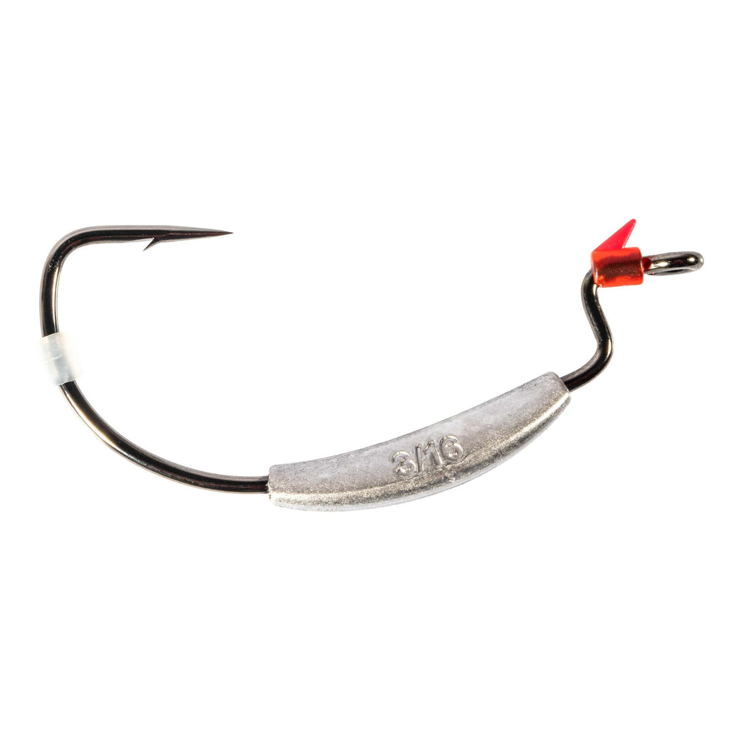 Weighted swimbait hook showing black hook tip, silver weight, red terminal clip