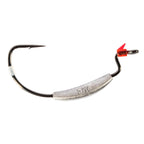 Weighted swimbait hook showing black hook tip, silver weight, red terminal clip