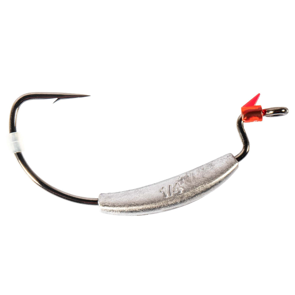 Weighted swimbait hook close-up with black hook curve, silver weight insert, red clip