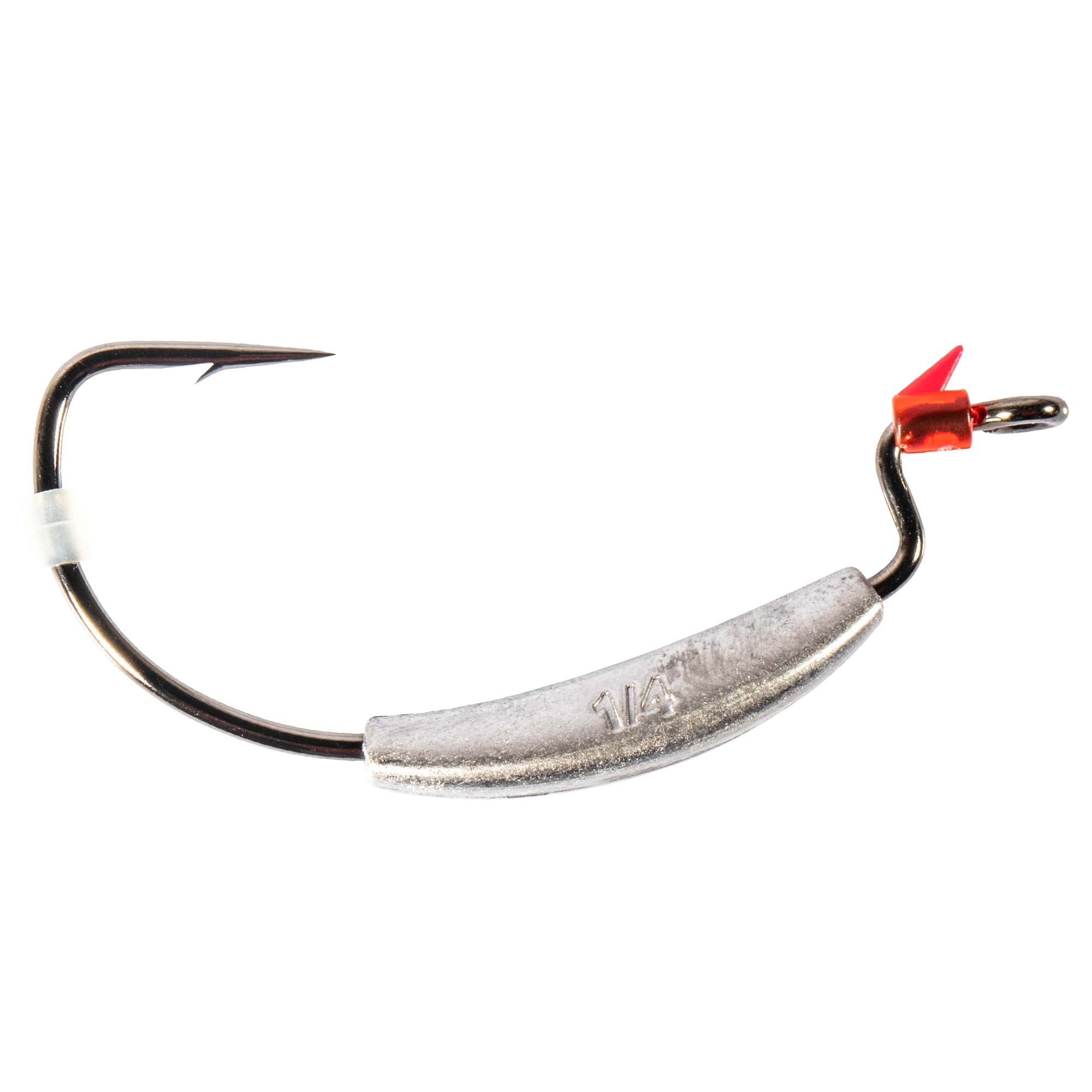 Weighted swimbait hook close-up with black hook curve, silver weight insert, red clip
