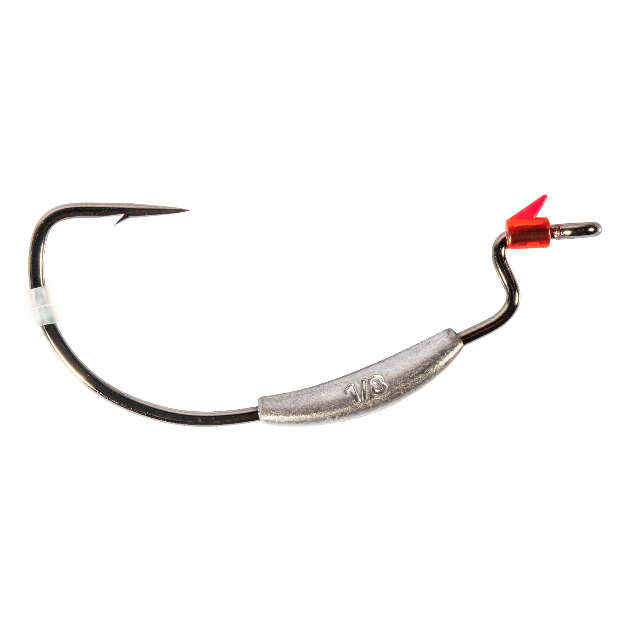 Weighted swimbait hook with black hook and silver weight insert, red attachment clip
