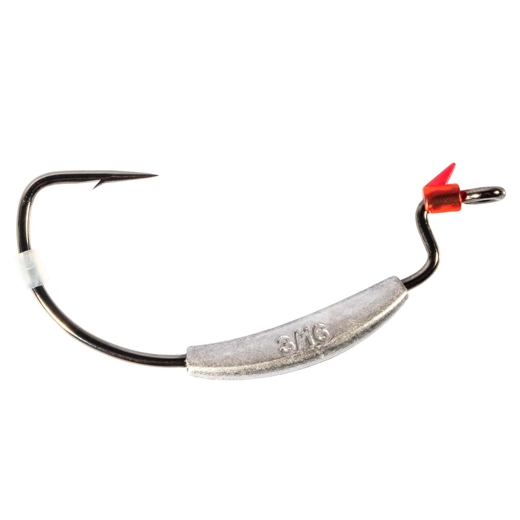 Weighted swimbait hook with black hook, silver weight bar, red attachment clip