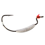 Weighted swimbait hook with black hook, silver weight bar, red attachment clip
