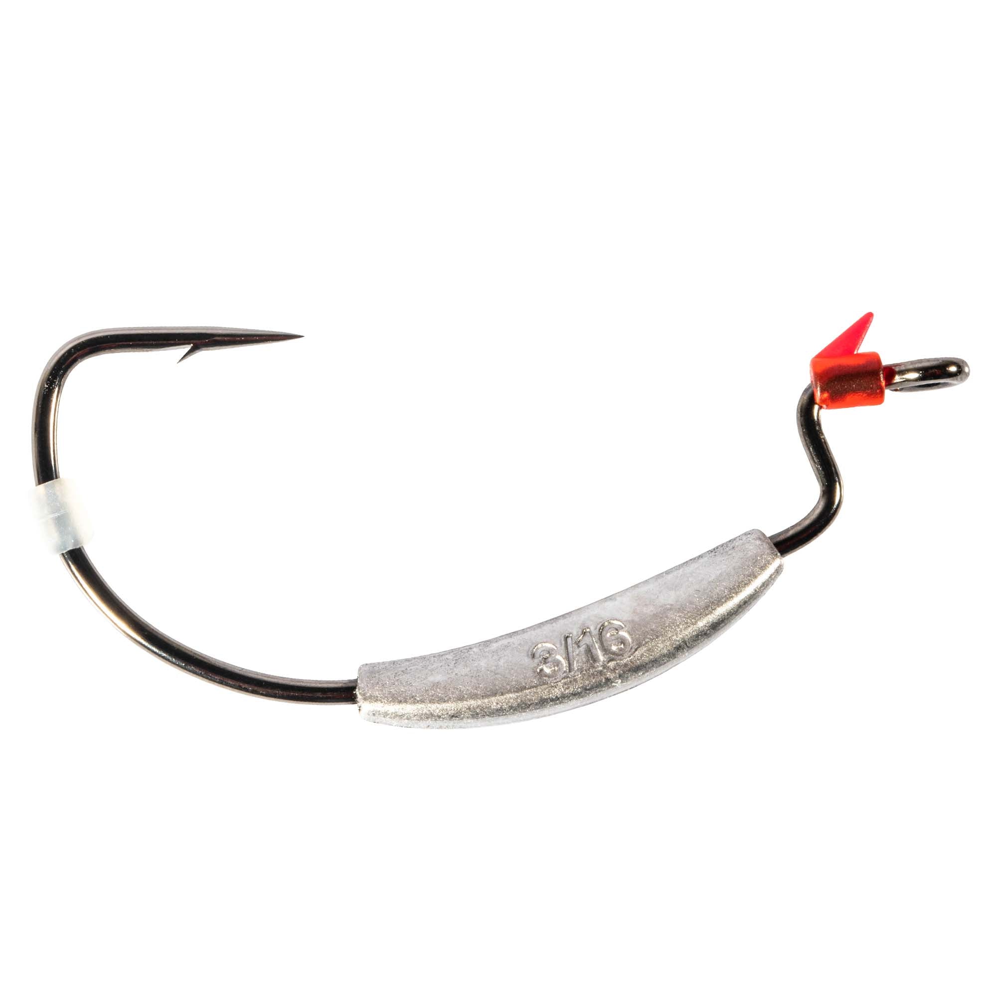 Weighted swimbait hook with black hook, silver weight bar, red attachment clip