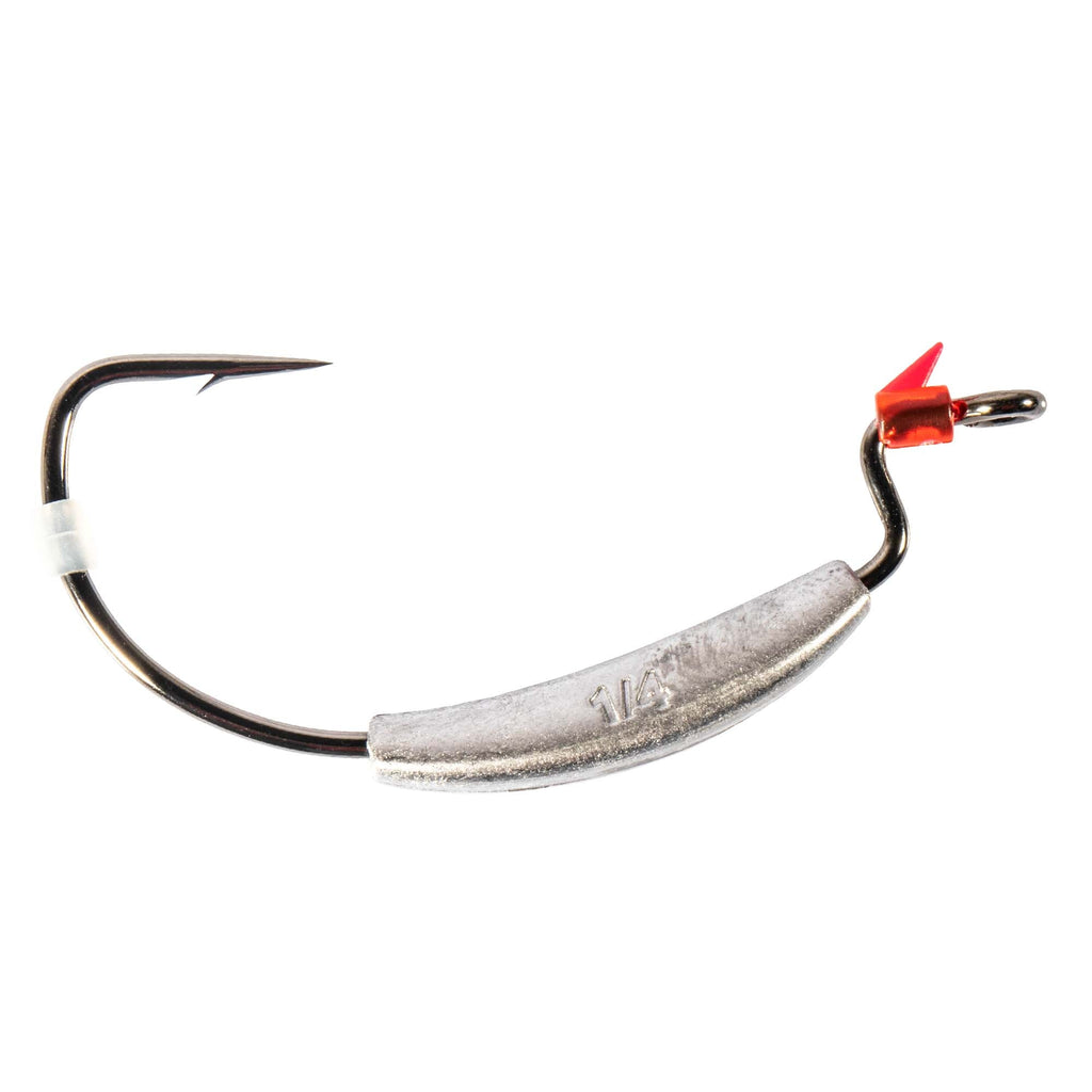 Weighted swimbait hook with black hook tip, silver weight bar, red terminal clip