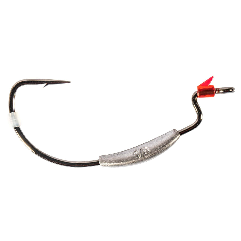 Weighted swimbait hook with black hook, silver weight bar, red terminal clip