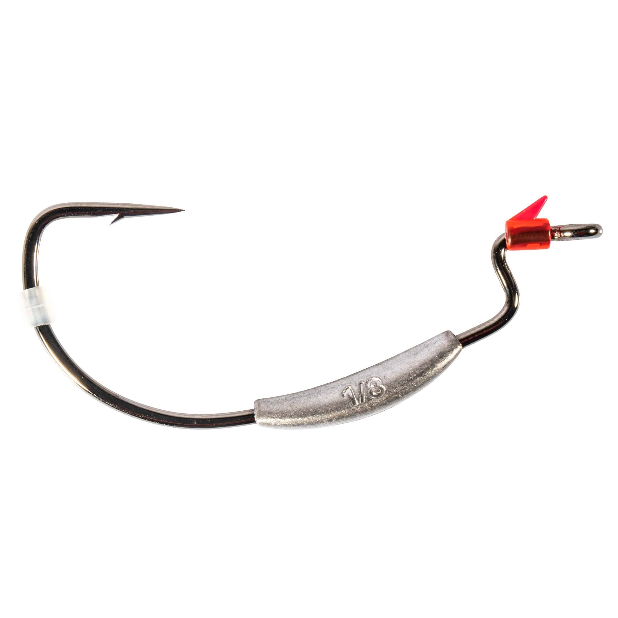 Weighted swimbait hook with black hook, silver weight bar, red terminal clip